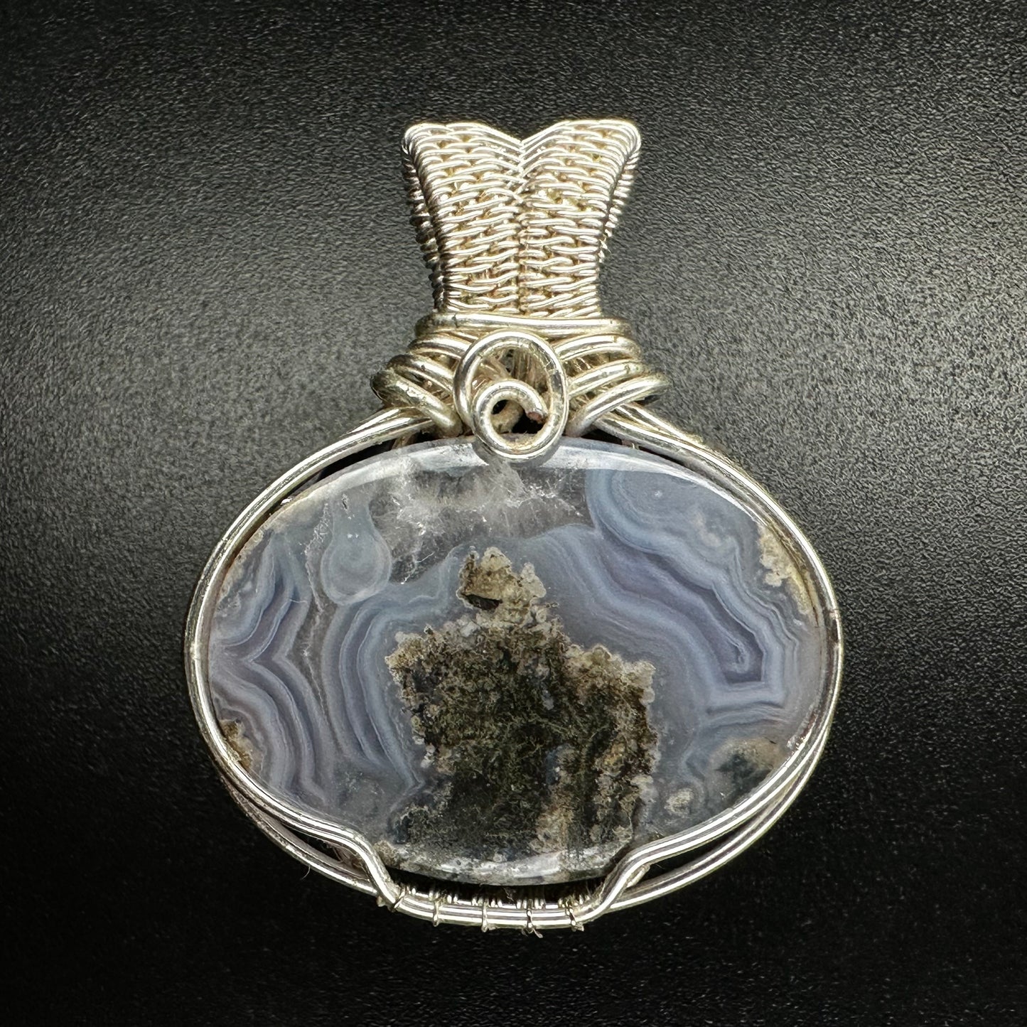 Moss Agate Pendant MA-02 — The Haven | Handwoven Silver