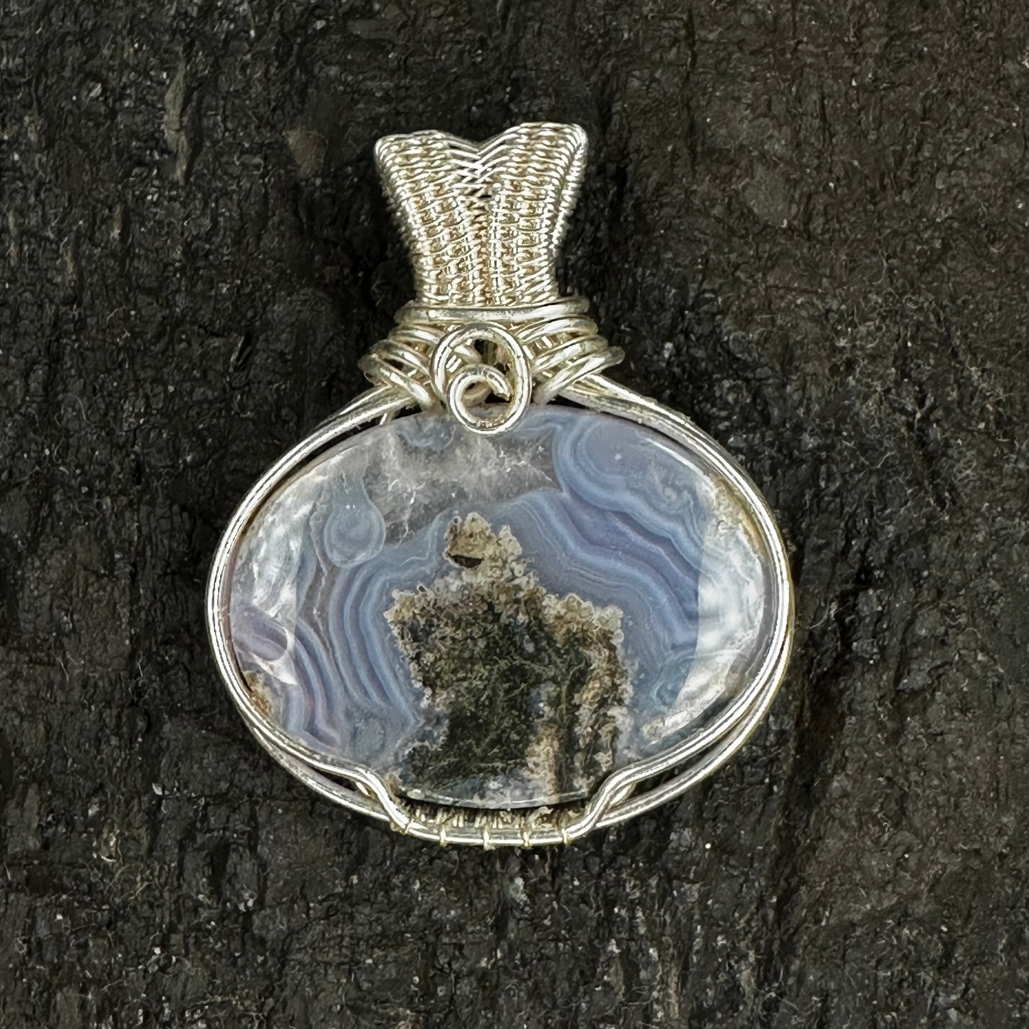 Moss Agate Pendant MA-02 — The Haven | Handwoven Silver