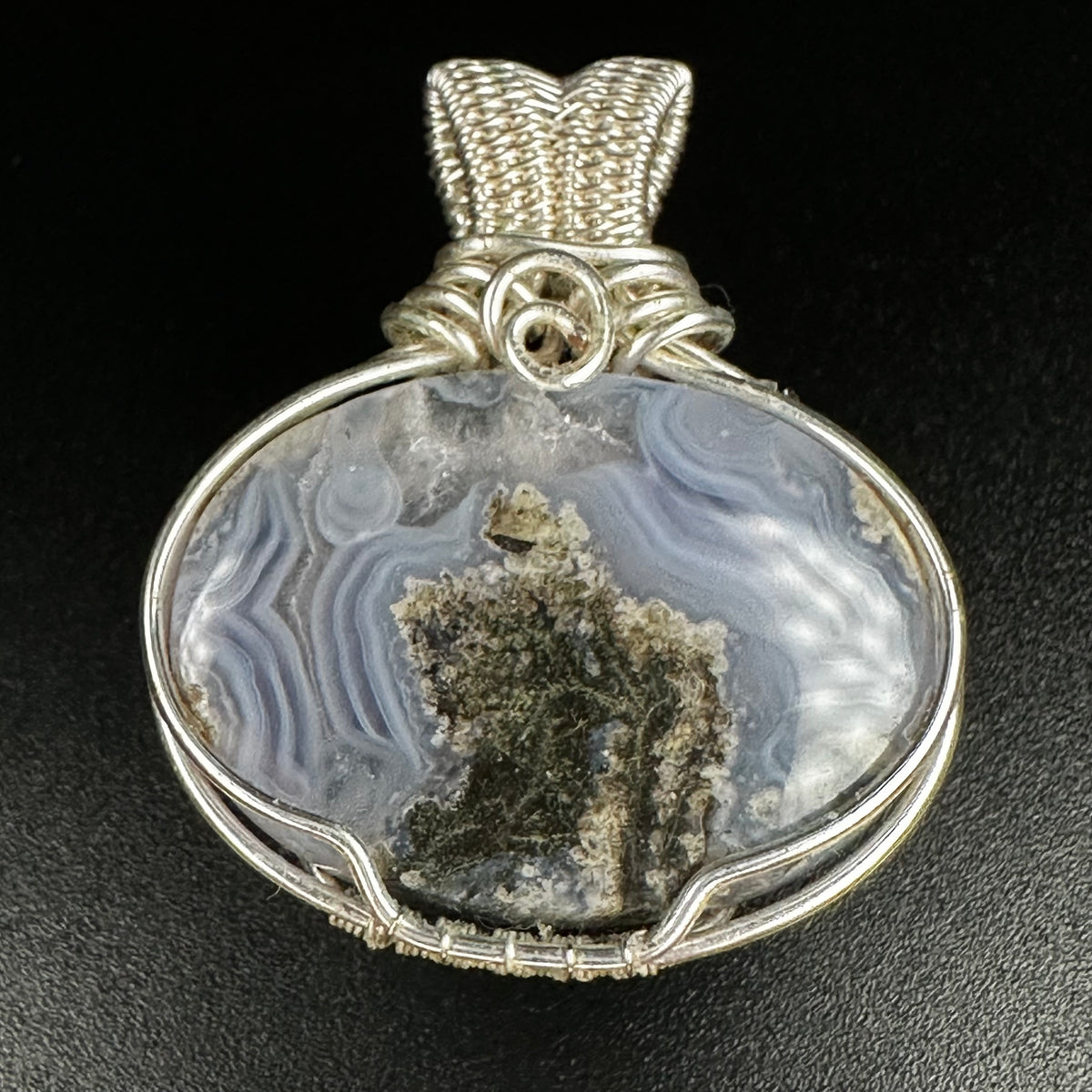 The Haven natural Moss Agate pendant with silver-coloured wire wrapping