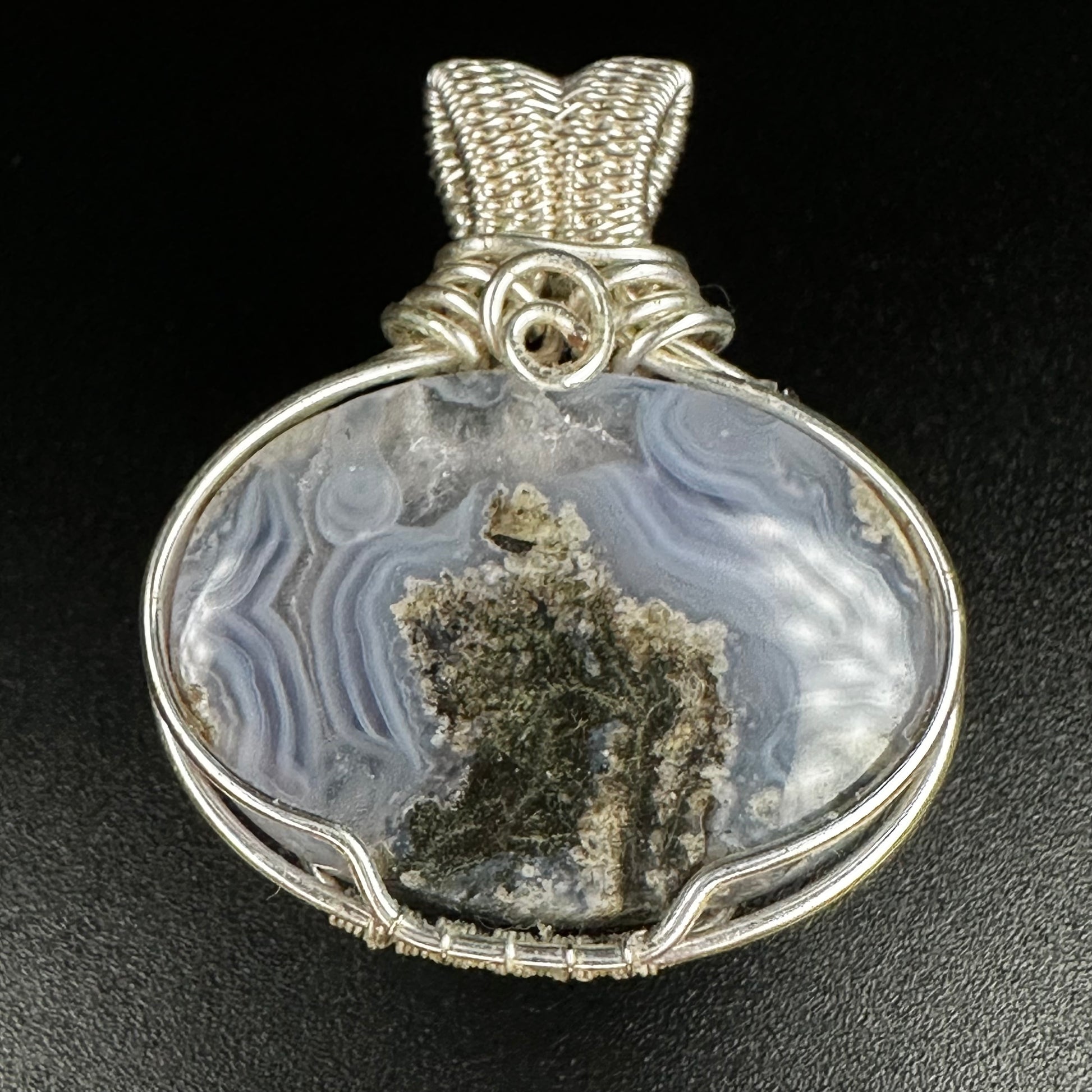 The Haven natural Moss Agate pendant with silver-coloured wire wrapping